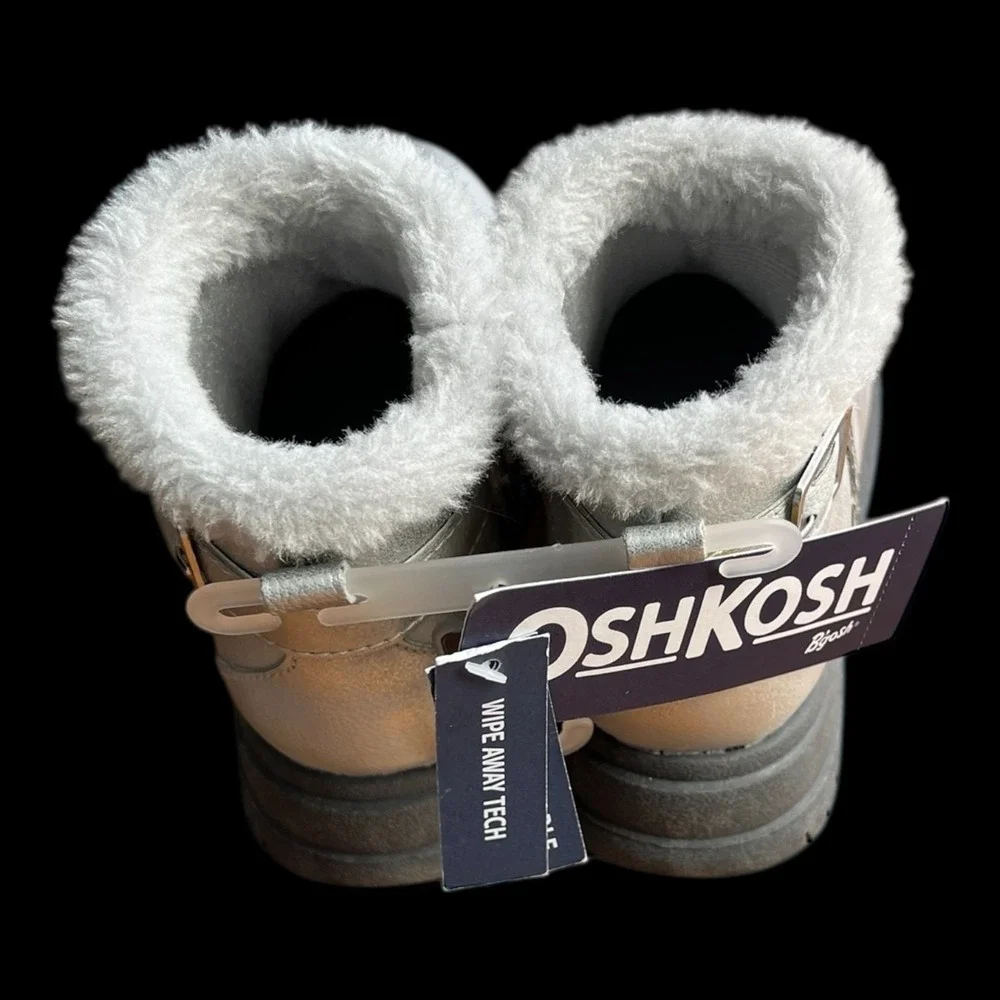 OshKosh B'gosh‎ Toddler Silver Winter Boots Faux Fur Lined Wipe Clean Size 7 NWT